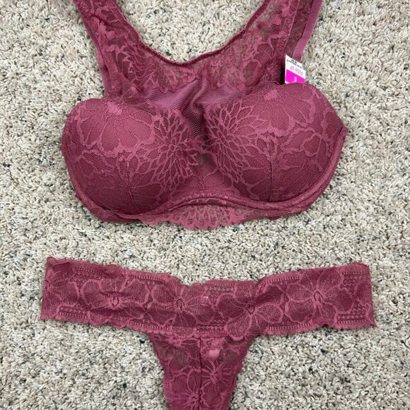 Pink Push Up Bra Bralette Set With Panties Pink Lace Size Small Floral NEW - Picture 1 of 12
